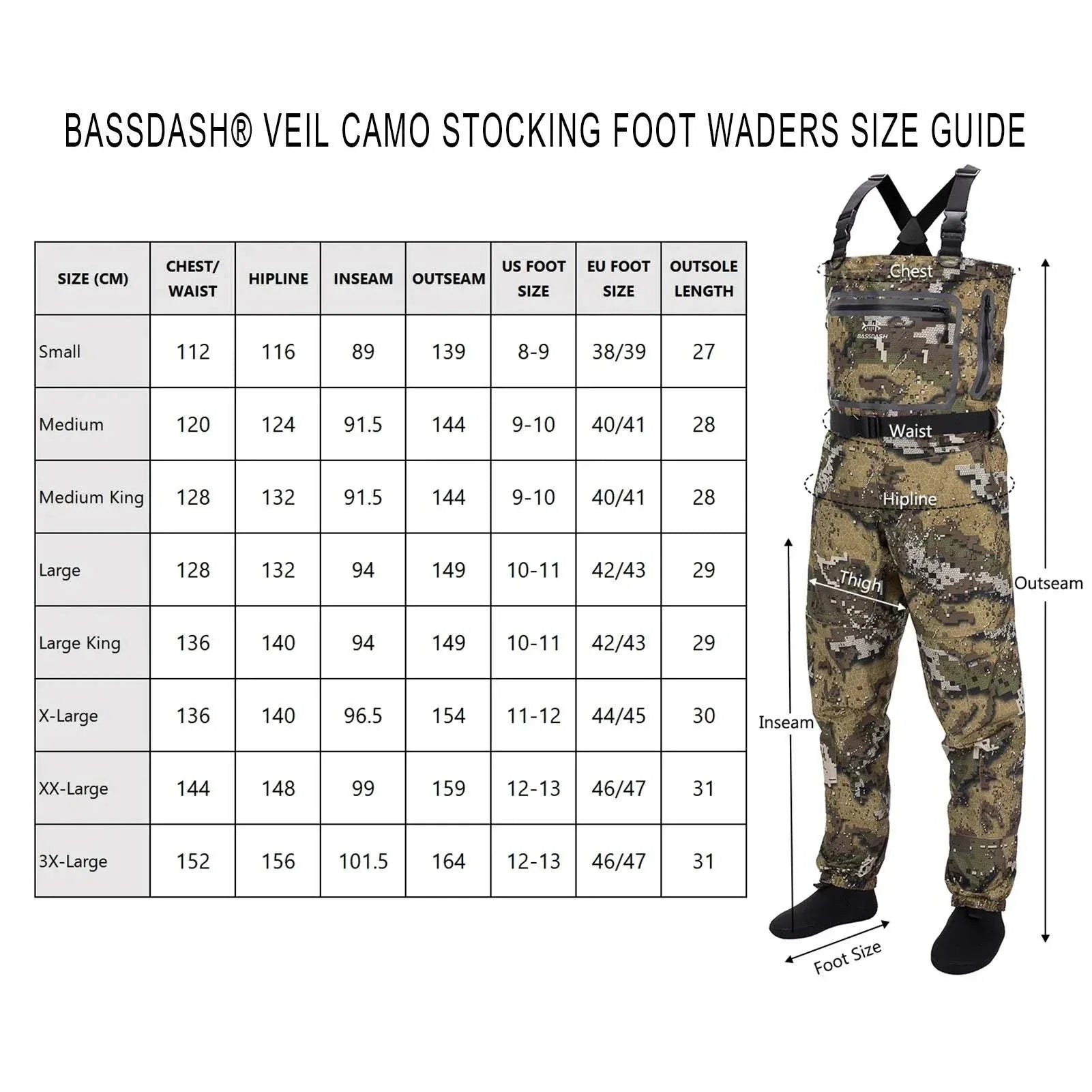 Fishing waders size guide for Bassdash Veil Camo Chest Waders, available in multiple sizes.