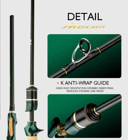 CEMREO MACAN Spinning Carbon Rod with K anti-wrap guide and ceramic inner ring for reduced fishing line wear.