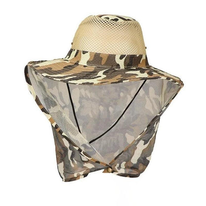 Camouflage outdoor fishing hat with wide brim and breathable mesh for sun UV protection.