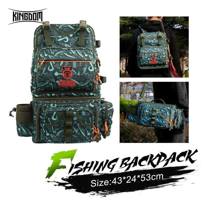 Kingdom Fishing Backpack 1000D, waterproof nylon, large capacity, multifunctional, detachable storage, outdoor fishing gear.