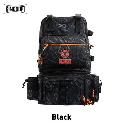 Kingdom Fishing Backpack 1000D in black with detachable storage and waterproof nylon fabric.