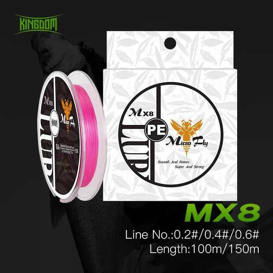 Kingdom MX8 PE Braided Line in packaging, available in multiple sizes for fishing.