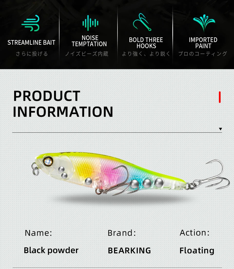 BEARKING BLACK POWDER Pencil Topwater Lure 87mm (3.43 inches) and 9.1g (0.32 ounces).: Professional Quality Walk-the-Dog Action