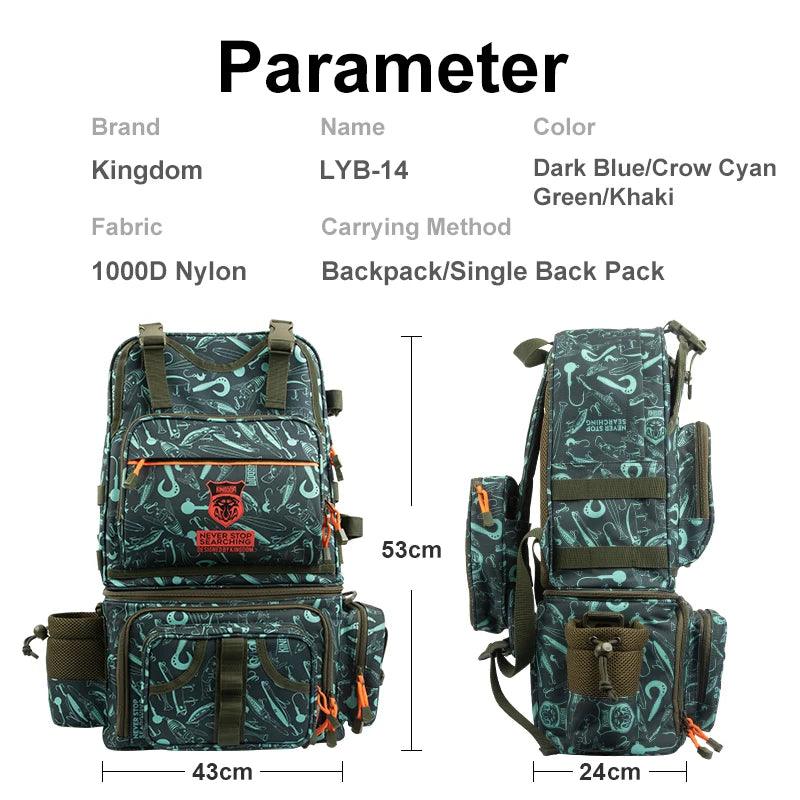 Kingdom Fishing Backpack 1000D, large capacity, waterproof nylon, multifunctional design.