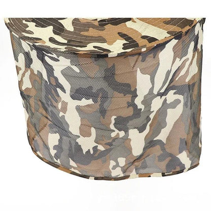 Camouflage outdoor fishing hat with wide brim and breathable mesh for UV protection.