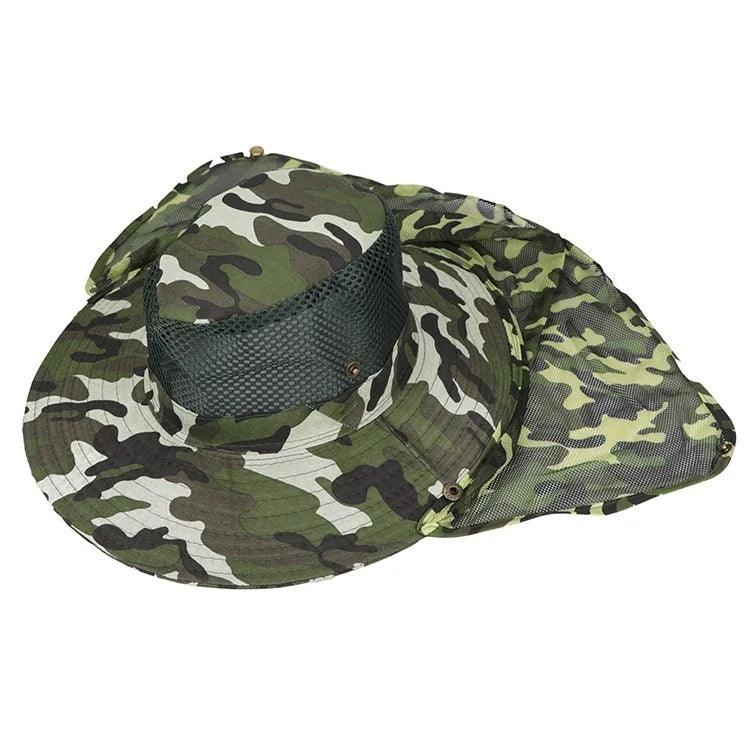 Camouflage outdoor fishing hat with wide brim, breathable mesh, and UV sun protection.