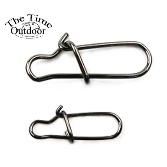 Stainless steel fishing snaps in different sizes, set of 100 pieces, suitable for lures and connectors.