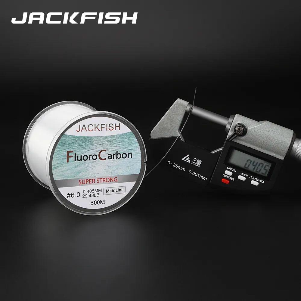 Jackfish Fluorocarbon Fishing Line 500 meters with measurement tool.