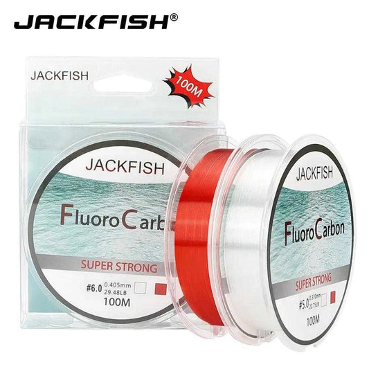 JACKFISH 100M Fluorocarbon Fishing Line, red/clear, strong carbon fiber leader, suitable for various fishing environments.