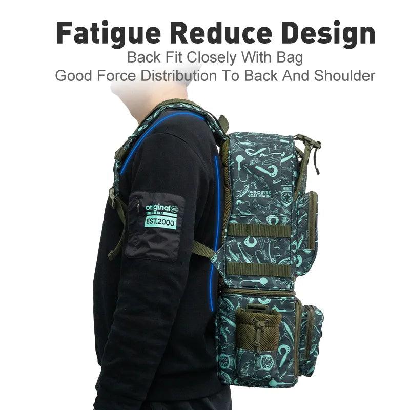 Kingdom Fishing Backpack 1000D with fatigue-reducing design worn by person.