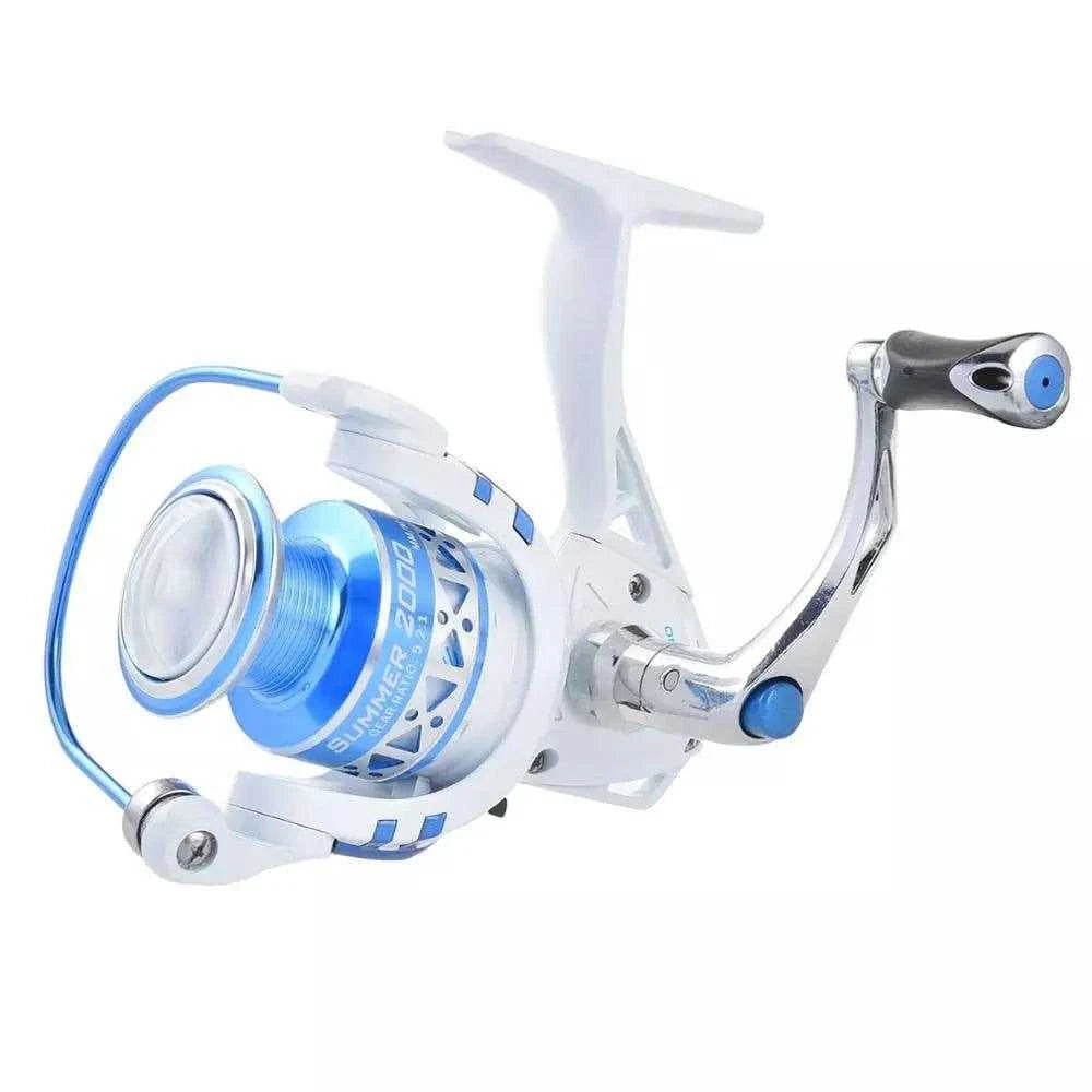 KastKing Centron & Summer Spinning Reel, lightweight design, black and blue, powerful drag system, spinning fishing method.