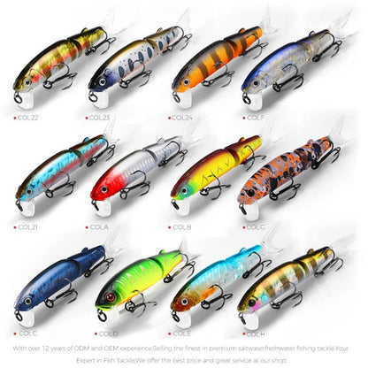 Bearking O-BK-JA1 Jointed Minnow fishing lures in various vibrant colors, showcasing lifelike design and jointed body for effective predator attraction.