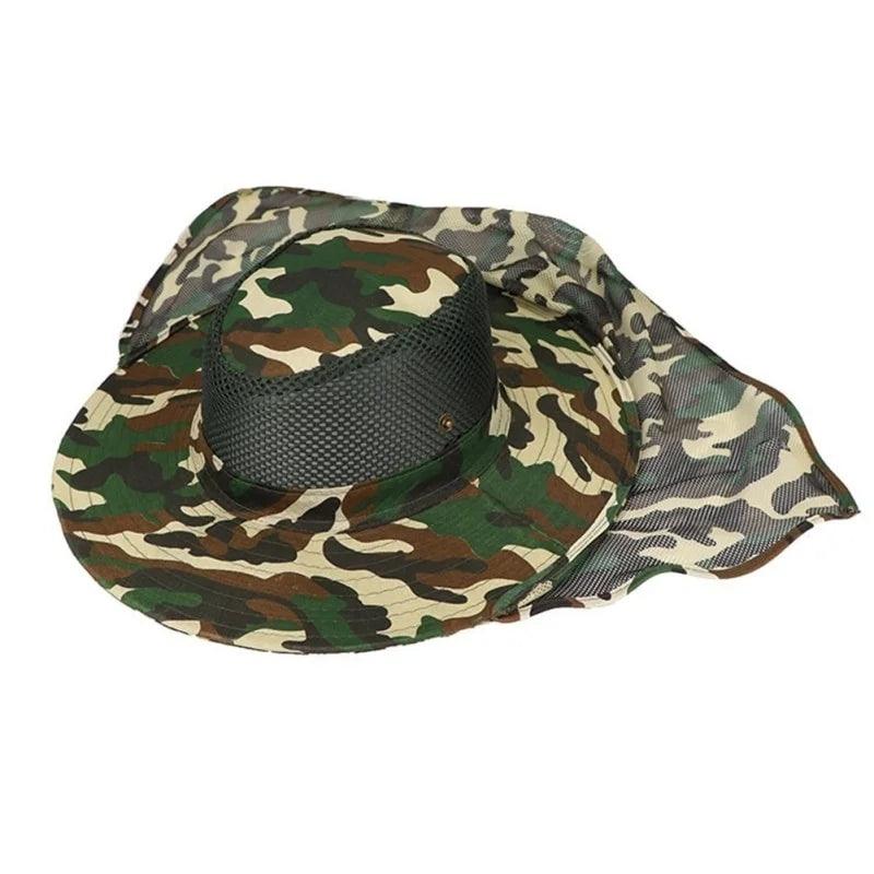 Camouflage outdoor fishing hat with wide brim and breathable mesh for UV protection.