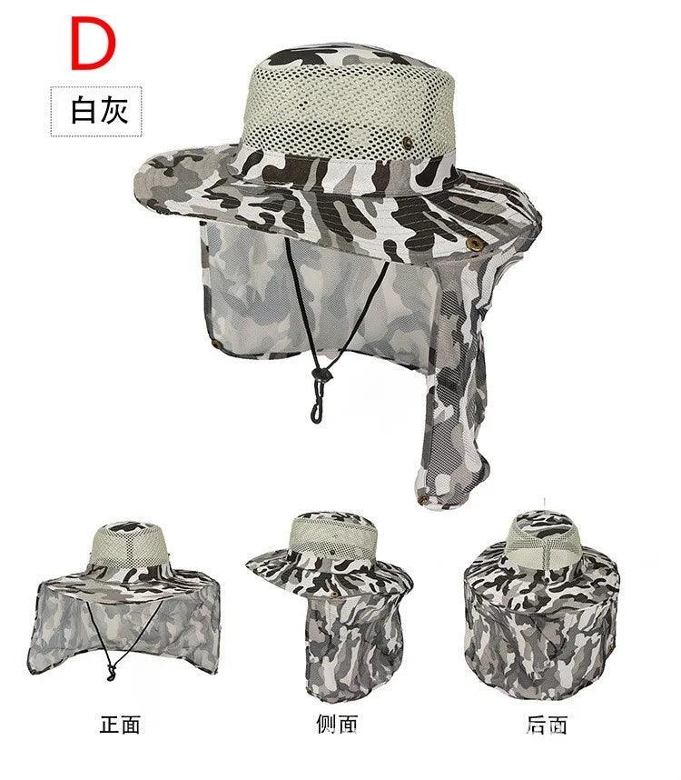 Camouflage outdoor fishing hat with wide brim and breathable mesh for UV protection.