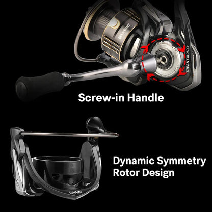 SeaKnight TREANT III Series fishing reel with screw-in handle and dynamic symmetry rotor design.