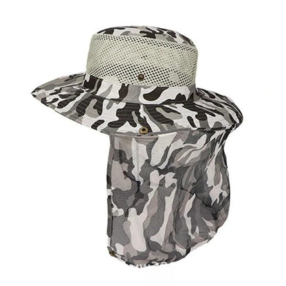 Outdoor fishing hat with wide brim, breathable mesh, camouflage design, and UV protection.