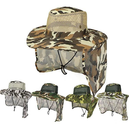 Outdoor fishing hat with wide brim, camouflage pattern, breathable mesh, and UV protection.