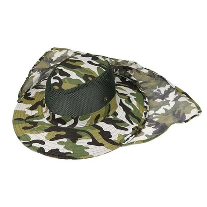 Camouflage outdoor fishing hat with wide brim and breathable mesh for UV protection.