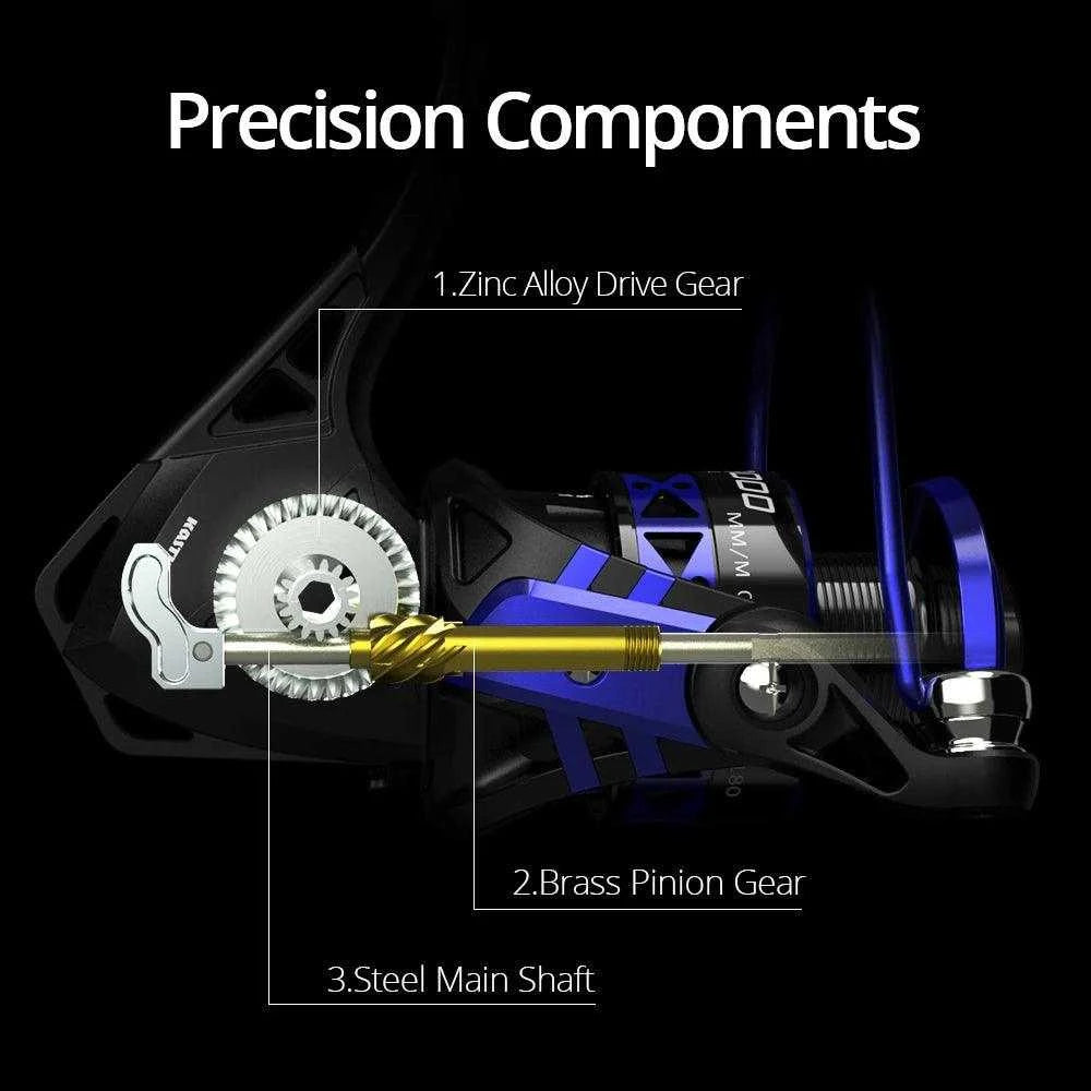 Precision components of KastKing Centron & Summer Spinning Reel featuring zinc alloy drive gear, brass pinion gear, and steel main shaft.