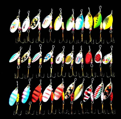 30-piece multi-color metal spinnerbait fishing lure set with hooks.