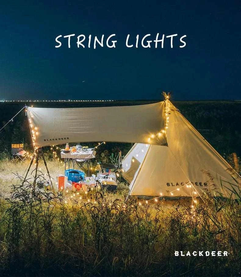 Outdoor camping scene illuminated by BLACKDEER Solar String Lights Led.