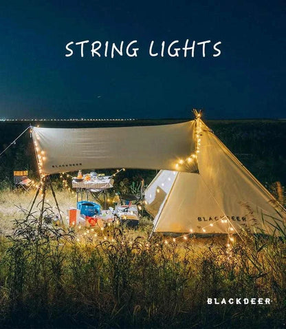 Outdoor camping scene illuminated by BLACKDEER Solar String Lights Led.