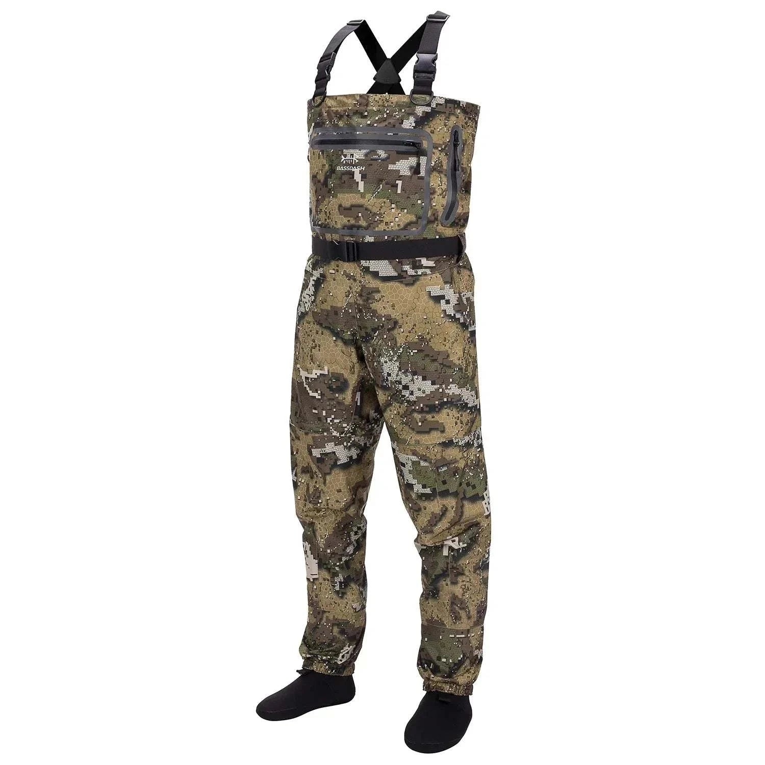 Bassdash Veil Camo Chest Waders, breathable waterproof fishing waders for comfort and mobility.