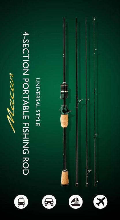 CEMREO MACAN 4-section portable fishing rod on green background, symbols for bus, car, train, airplane.