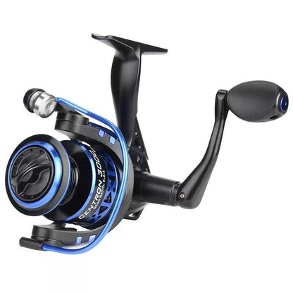 KastKing Centron & Summer Spinning Reel in black and blue, featuring lightweight design and powerful drag system.