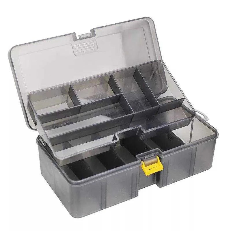 Gray PRO BEROS Fishing Tackle Box with double-layer compartments for organized gear storage.