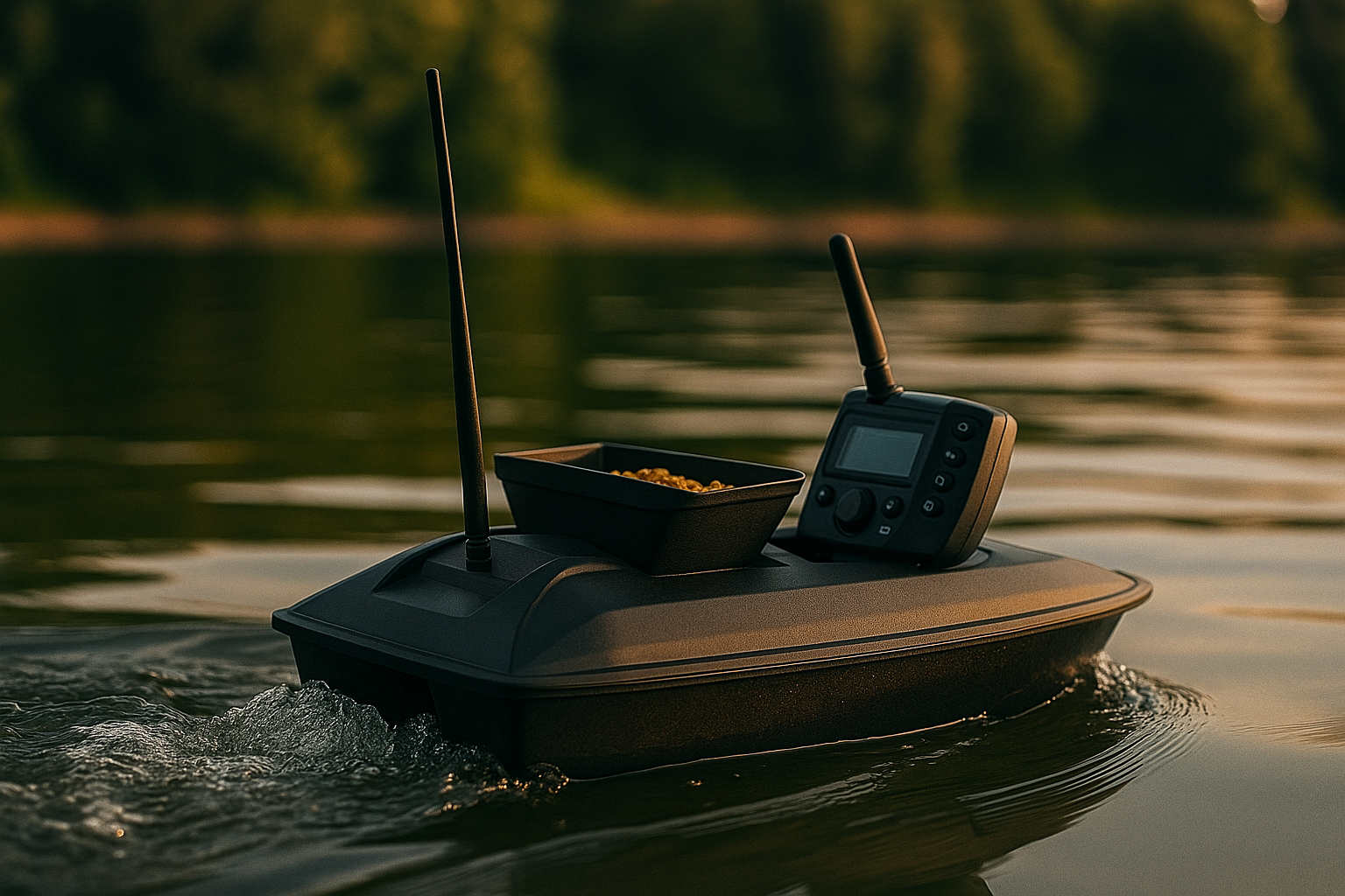 Remote Controled bait boat with electronic equipment on a body of water