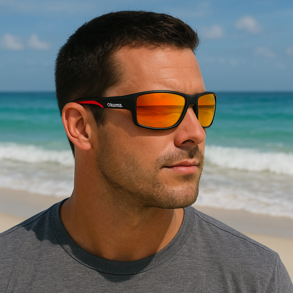 Man wearing sunglasses with a beach and ocean in the background