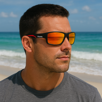 Man wearing sunglasses with a beach and ocean in the background