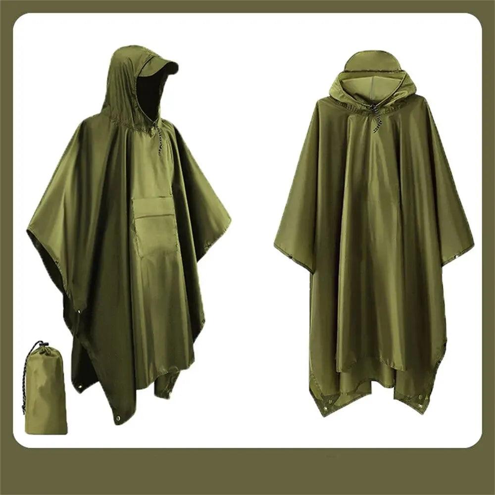 3 In 1 Outdoor Military Raincoat Hooded Sleeve Waterproof Rain Poncho Motorcycle Rain Cover Camping Hiking Travel Rainwear Tent - Nex Fisher Hub