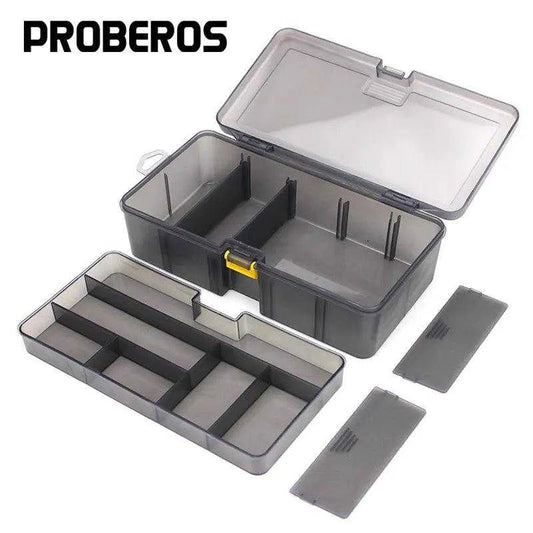 PRO BEROS Fishing Tackle Box, double-layer gray design, compact and durable for organized tackle storage