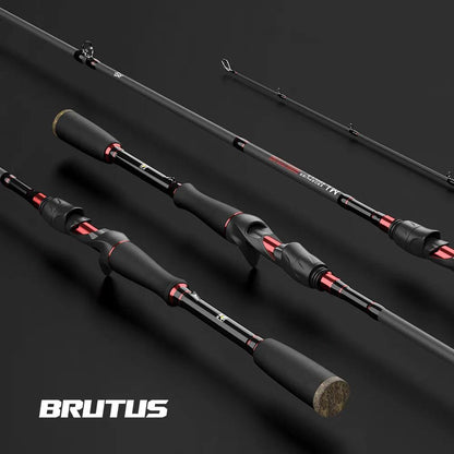 KastKing Brutus Carbon Spinning Rods with black and red design, featuring ergonomic handles and durable construction for enhanced fishing performance.