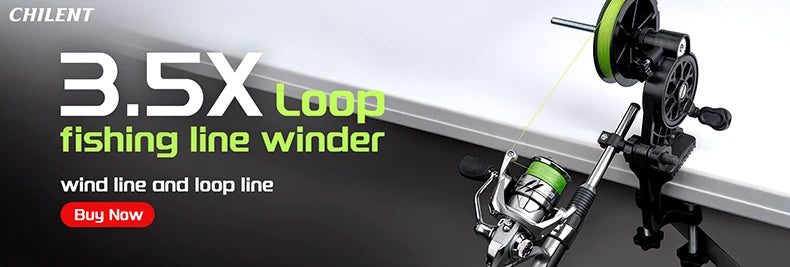 Fishing line winder with text and branding on a gray background