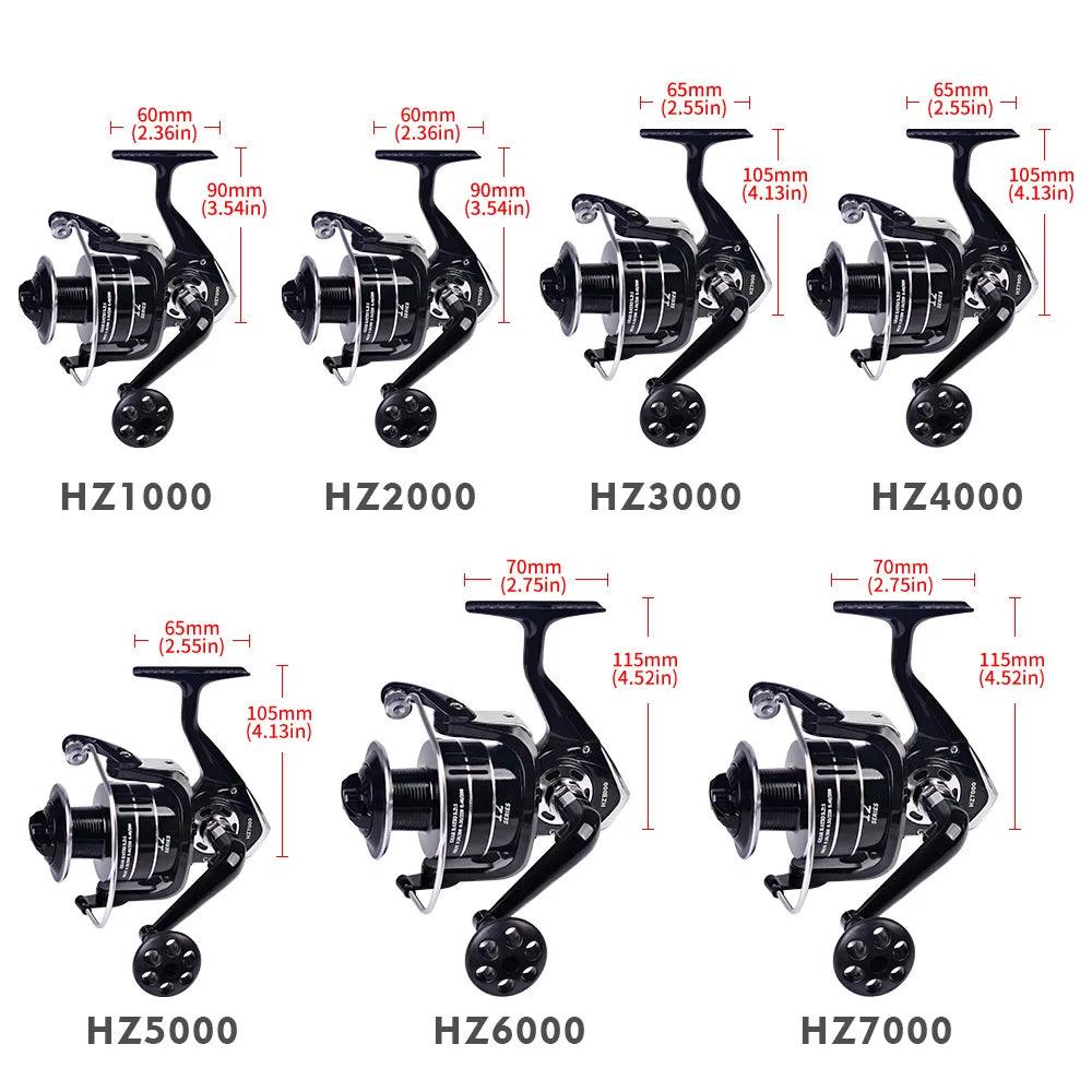 Proberos HZ1000-7000 Series Spinning Reel lineup with measurements.