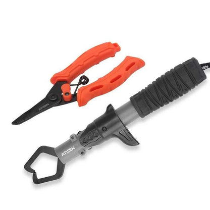 ATISEN Fishing Pliers and Fish Grip stainless steel combo with orange TPR handles.