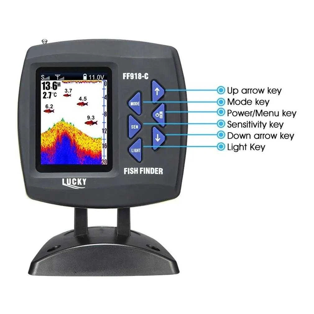 Lucky FF918-CWLS boat fish finder with display and navigation keys.