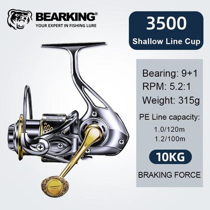 BEARKING Alpha All Metal Spinning Reel 3500 with shallow line cup, 315g weight, 5.2:1 gear ratio, and 10kg drag force.