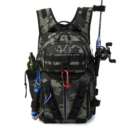 Rilibegan Fishing Backpack with tactical design and high-quality canvas material, featuring large capacity, multiple storage options, and rod holder.