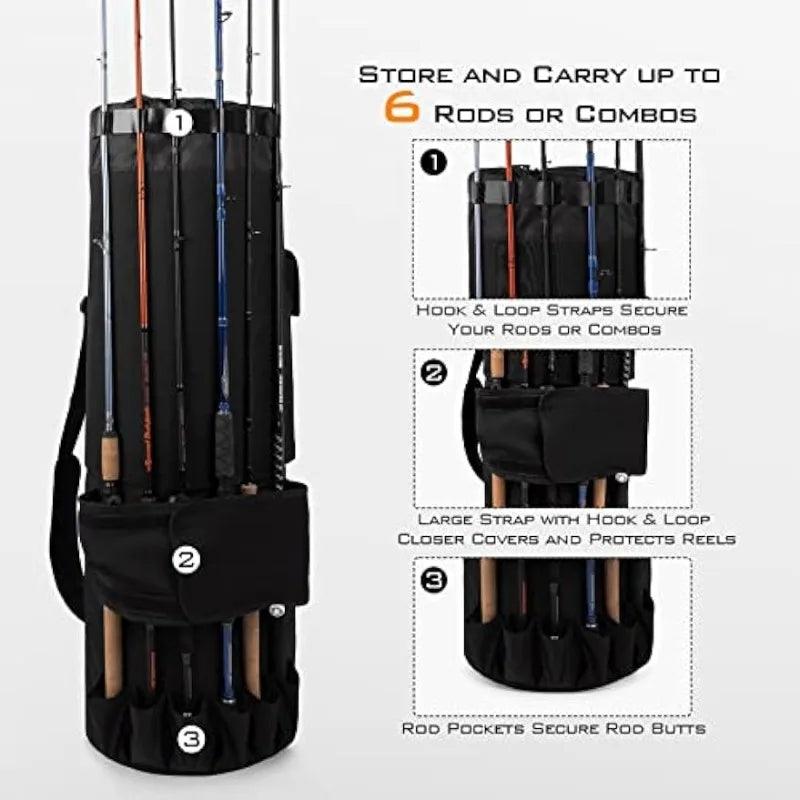 KastKing Karryall Fishing Rod Bag 81L for 6 rods, black with straps and pockets.