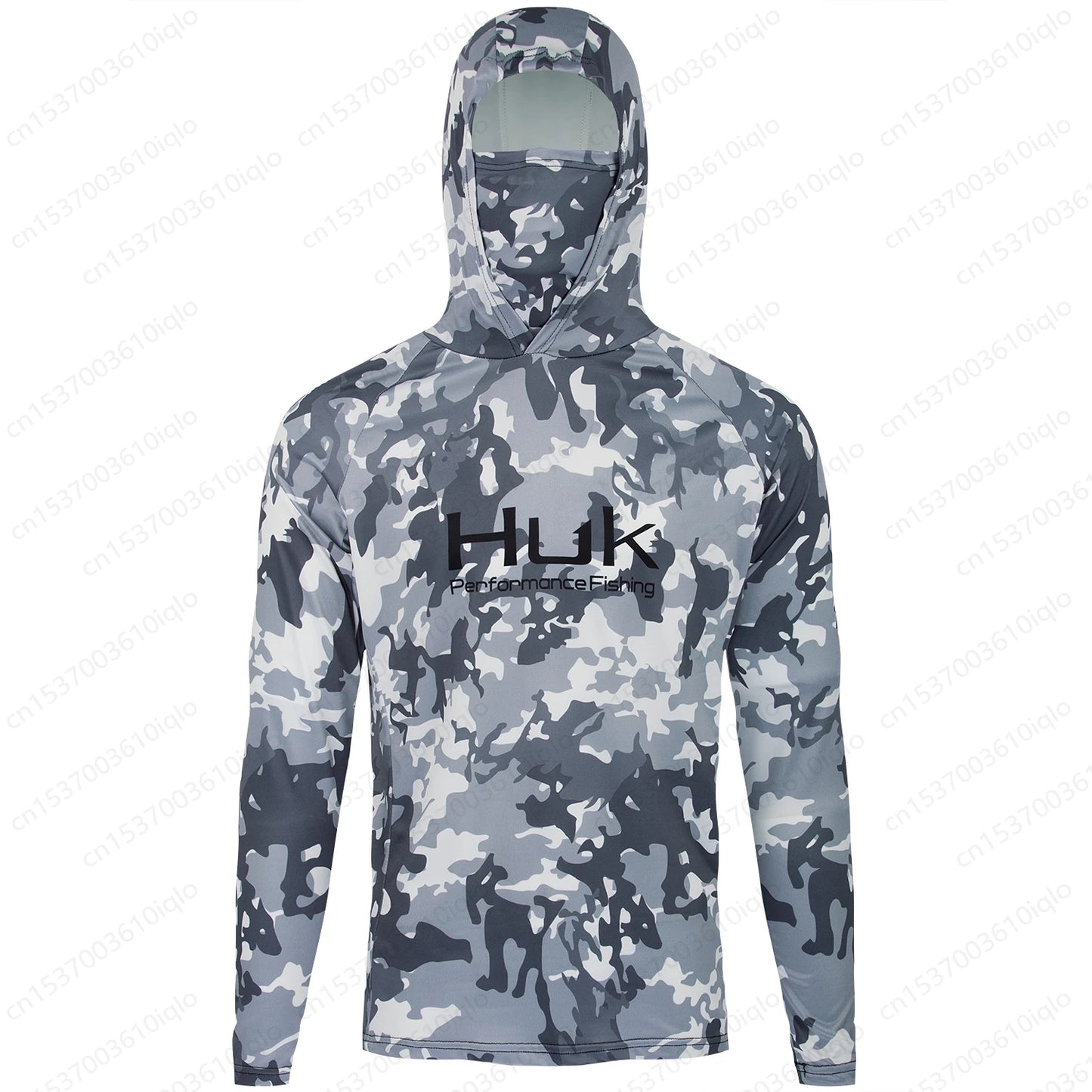 HUK Camouflage Long Sleeve Hooded Fishing Shirt with Mask: UPF 50+ UV Protection for Men