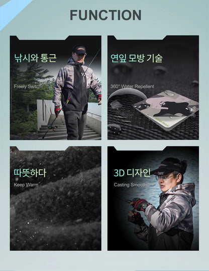 Product advertisement showcasing features with images of a person outdoors and text in Korean.