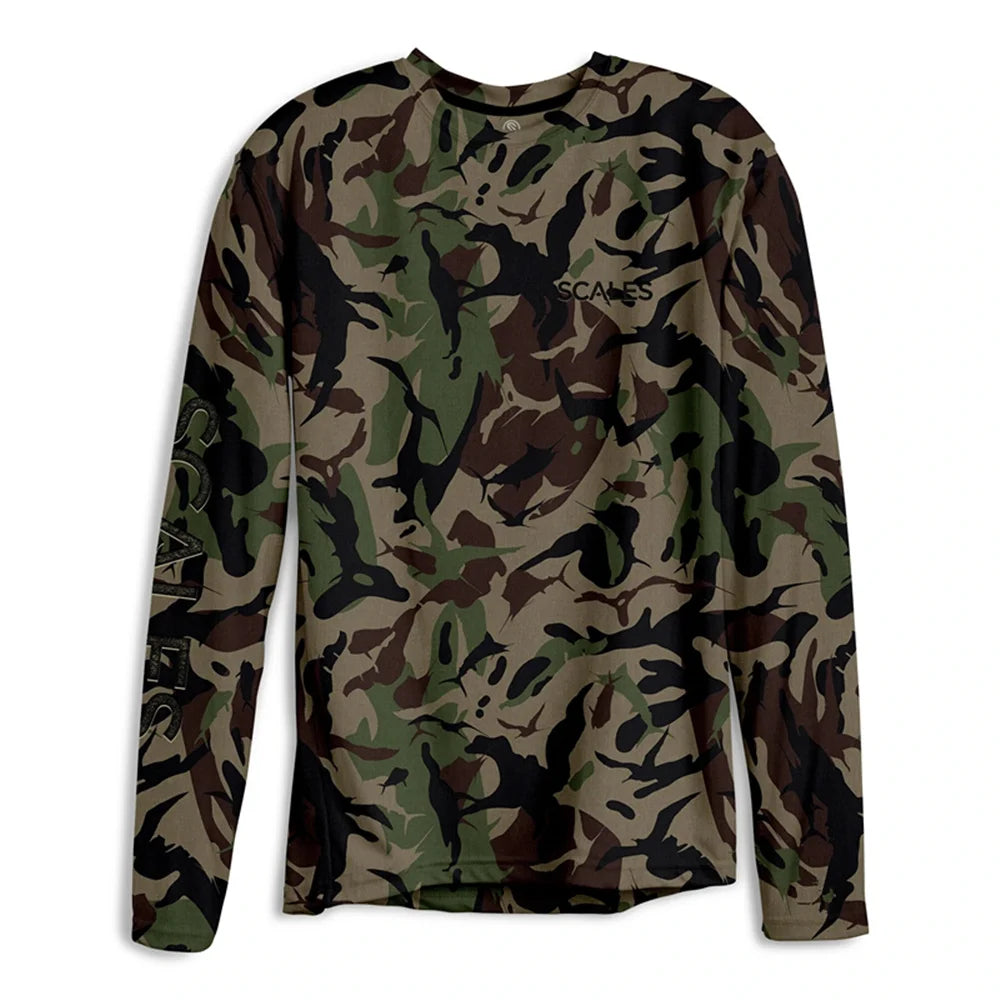 A long-sleeve crewneck shirt featuring an all-over woodland camouflage pattern in green, brown, black, and tan. The brand name 'SCALpers' is printed in black across the chest.