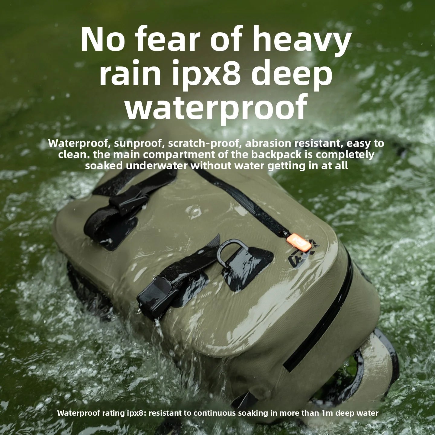 Waterproof backpack being submerged in water with text highlighting its features.