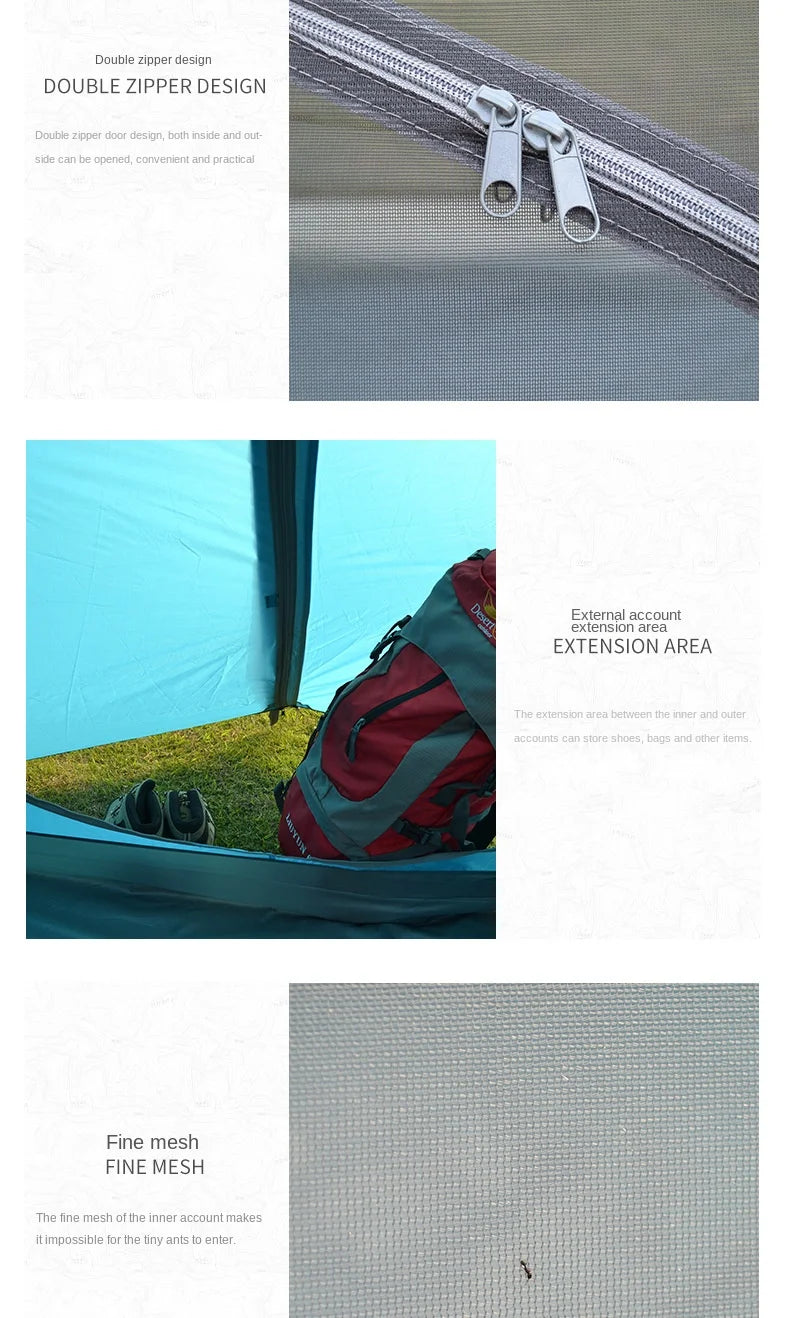 Product page with double zipper design, extension area, and fine mesh filter on a white background.