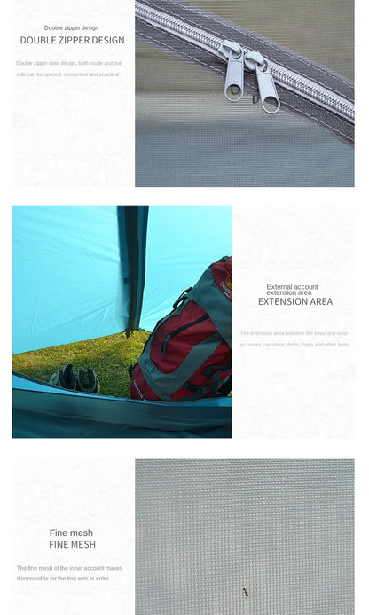 Product page with double zipper design, extension area, and fine mesh filter on a white background.