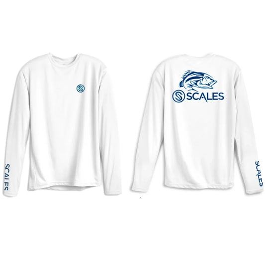 White long-sleeve performance fishing shirt shown from both front and back. The front features a small blue circular logo on the left chest and 'SCALERS' printed down the right sleeve.